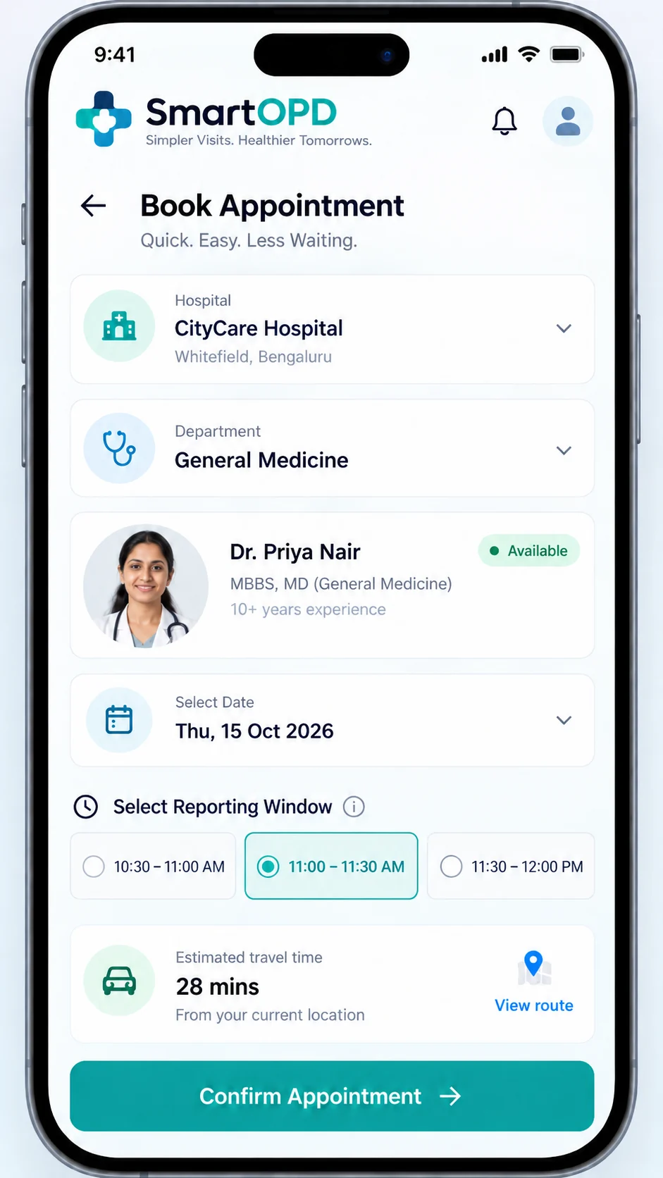 Illustrative SmartOPD mobile booking page with doctor and reporting window