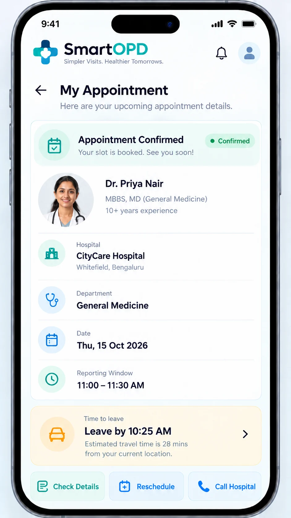 Illustrative SmartOPD appointment confirmation and departure reminder