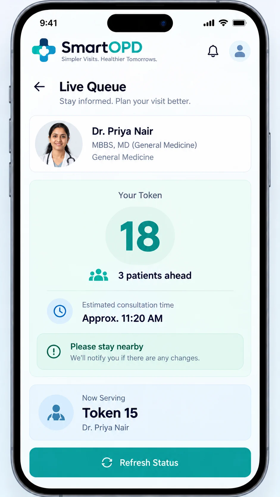 Concept visualization of a live queue with token 18 and an estimated consultation time